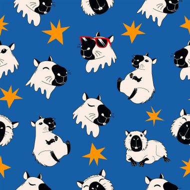 Çizgi film kapibaraları ve yıldızlarla kusursuz desen. Mavi arka planda sevimli hayvanlar. Duvar kağıdı, ambalaj, tekstil ve çocuk koleksiyonları için vektör çizimi.