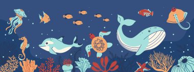 Deniz altı hayvanları. Okyanus vahşi deniz hayvanları ve balıklar. Sevimli egzotik balıkların, su mercanlarının, okyanus bitkilerinin ve renk yosunlarının olduğu karikatür doğal sualtı dünyası. Vektör kavramı.