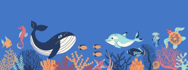 Deniz altı hayvanları. Okyanus vahşi deniz hayvanları ve balıklar. Şirin egzotik balıkların, okyanus bitkilerinin, su mercanlarının ve renk yosunlarının olduğu doğal deniz altı çizgi filmleri. Vektör kavramı 