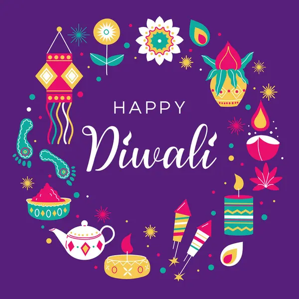 Mutlu bayramlar. Hindu bayramı Diwali 'si için tebrik kartı. Karanlık bir arka planı olan modern elementler. Vektör illüstrasyonu.