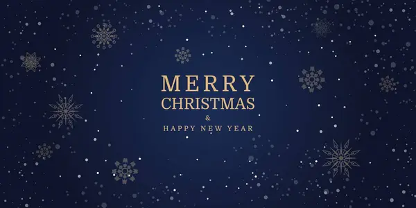 Mutlu Noeller ve mutlu yıllar tebrik kartı. Koyu mavi arka planda kar taneleri olan altın bir arka plan. Tebrik kartı, poster, tatil kapağı, afiş, broşür. Modern düz vektör illüstrasyonu.