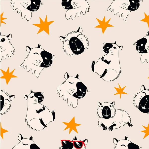 Çizgi film kapibaraları ve yıldızlarla kusursuz desen. Mavi arka planda sevimli hayvanlar. Duvar kağıdı, ambalaj, tekstil ve çocuk koleksiyonları için vektör çizimi.