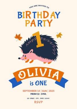 Çocukların doğum günü daveti için vektör tasarımı. 1 yıllık bebek partisi. Şirin kirpili çocukların doğum günü kartı. Bebek Kız. Çocuk partisi, sosyal medya, internet, çocuk fotoğrafı çerçevesi. 