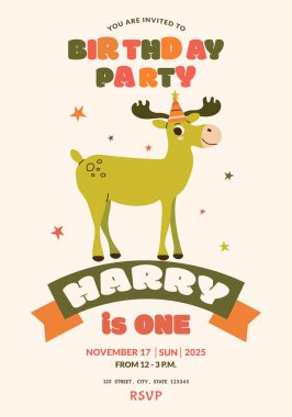 Çocukların doğum günü daveti için vektör tasarımı. 1 yıllık bebek partisi. İçinde şirin geyikler olan çocukların doğum günü kartı. Baby Boy. Çocuk partisi, sosyal medya, internet, çocuk fotoğrafı çerçevesi. 