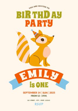 Çocukların doğum günü daveti için vektör tasarımı. 1 yıllık bebek partisi. Şirin rakunlu çocukların doğum günü kartı. Çocuk partisi, sosyal medya, internet, çocuk fotoğrafı çerçevesi. 