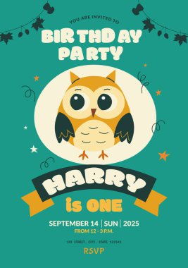 Çocukların doğum günü daveti için vektör tasarımı. 1 yıllık bebek partisi. Sevimli baykuşlu çocukların doğum günü kartı. Çocuk partisi, sosyal medya, internet, çocuk fotoğrafı çerçevesi.