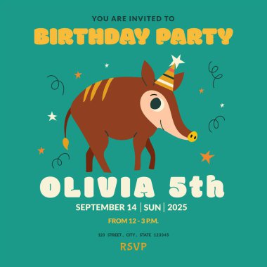 Çocukların doğum günü daveti için vektör tasarımı. 5 yıllık bebek partisi. İçinde şirin yaban domuzu olan çocukların doğum günü kartı. Çocuk partisi, sosyal medya, internet, çocuk fotoğrafı çerçevesi.