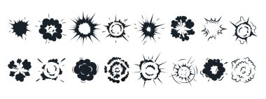 Radyal patlayıcı etkisi. Vektör ayarlandı. Patlayan bomba etkisi siluetleri simgeleri oluşturur. Çizgi roman çemberi patlaması, yuvarlak buhar bulutu, enerji patlamaları, VFX elemanları, hız patlaması gücü. 