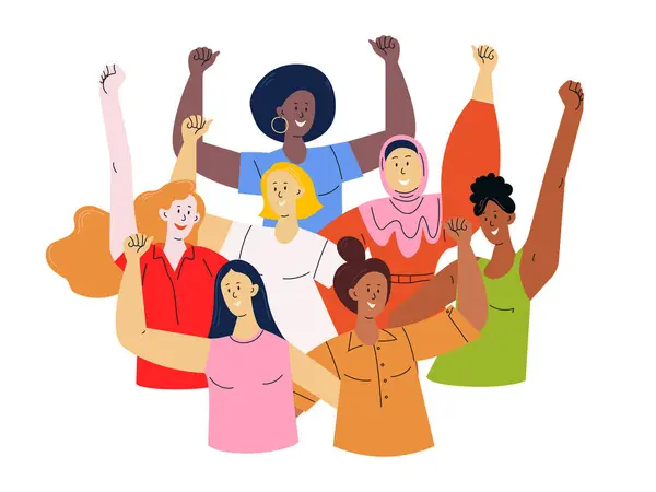 Çeşitli mutlu kadınlar kapalı yumruklarla ellerini kaldırıyor. Uluslararası Hızlandırma Eylemi IWD 2025 kavramı. Düz vektör çizimi, beyaz arkaplanda izole edilmiş.