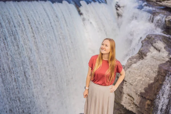 Woman Tourist Background Picturesque Niagara Falls River Cievna Montenegro Podgorica — Stock Photo, Image