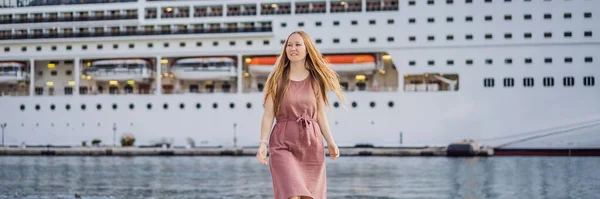 stock image Young woman ready to travel on cruise ship. BANNER, LONG FORMAT