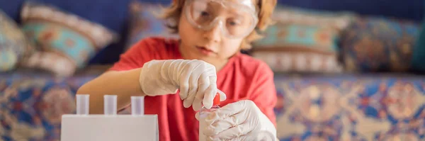 Banner Long Format Kid Boy Doing Chemical Experiment Home Child — Stock Photo, Image