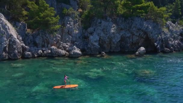Giovane Donna Stand Paddle Board Sup Rastrellare Tra Rocce Beatificanti — Video Stock