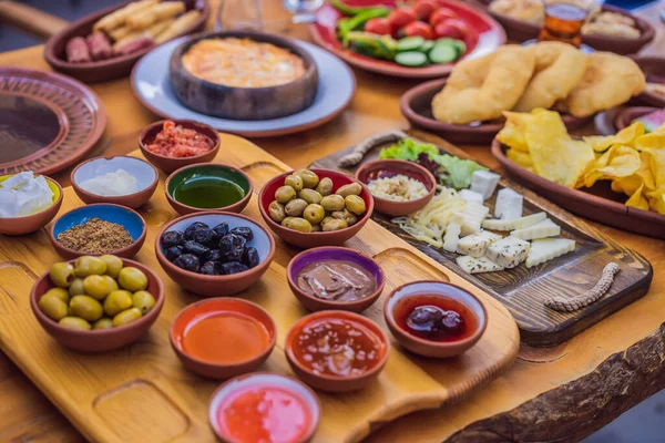 Turkish Breakfast Table Pastries Vegetables Olives Cheeses Fried Eggs Jams — Stock Photo, Image