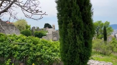 Eski barın harabelerinin yavaş çekim videosu ya da Stari Grad. Baro şehrine yakın eski bir yerleşim yeri yok edildi. Karadağ 'ın tatil beldeleri.