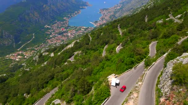 Breathtaking Aerial Footage Captures Winding Kotor Cetinje Serpentine Montenegro Showcasing — Video Stock