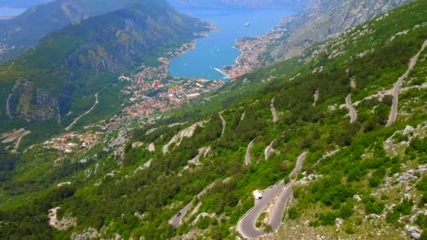 Breathtaking Aerial Footage Captures Winding Kotor Cetinje Serpentine Montenegro Showcasing — Video Stock