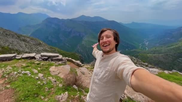 Happy Young Man Visits Beautiful Canyon Cijevna River Way Grlo — Vídeos de Stock