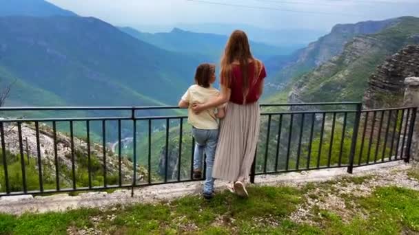 Young Woman Her Son Observe Beautiful Canyon Cijevna River Way — Stock video
