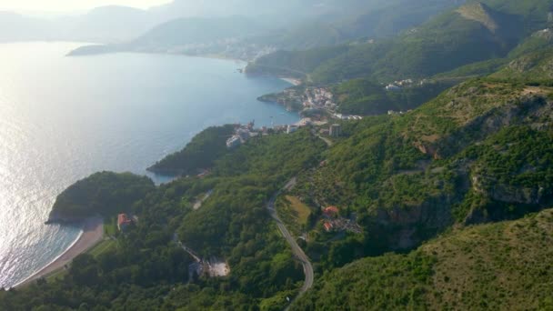 Aerial Video Drone Flies Shoreline Montenegro Close City Budva Sveti — Stock videók