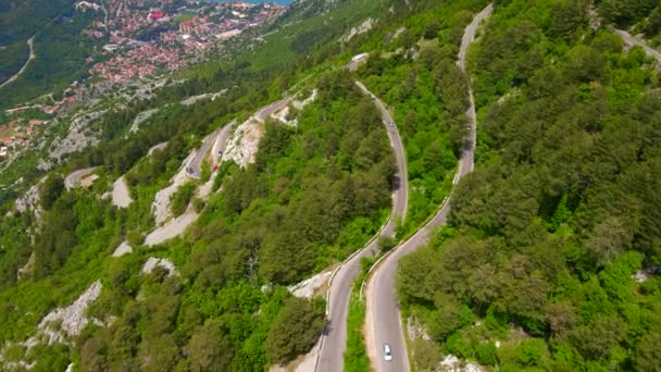 Breathtaking Aerial Footage Captures Winding Kotor Cetinje Serpentine Montenegro Showcasing — Stok video