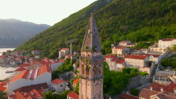 Stunning Aerial View Charming City Perast Montenegro Bell Tower Church — Stock Video