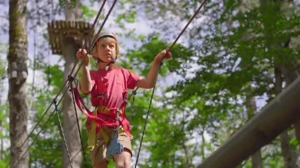 Little Boy Enjoying Exciting Adventure Rope Obstacle Course Lush Forest — Stok video