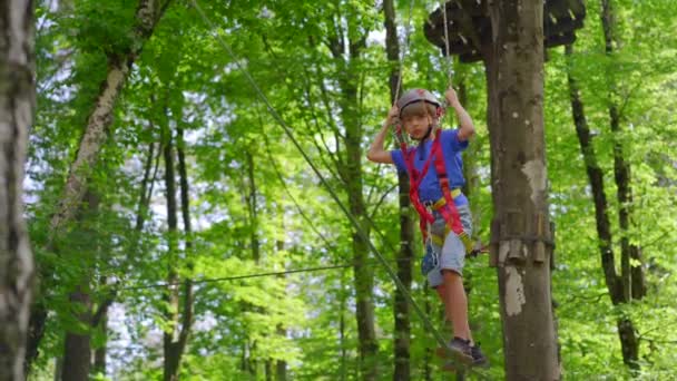Little Boy Enjoying Exciting Adventure Rope Obstacle Course Lush Forest — Stock video