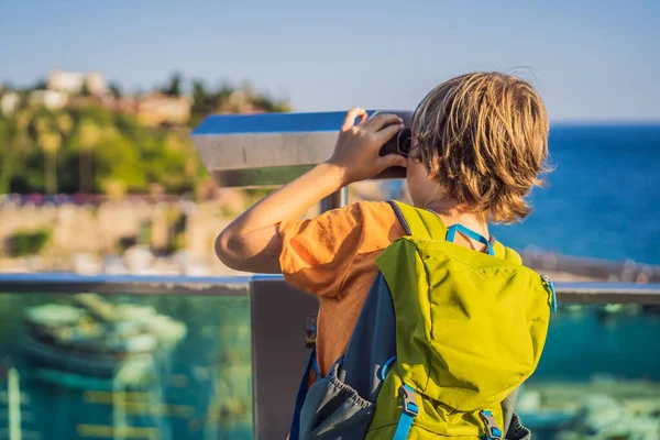 Boy Tourist Looks Binoculars Old Town Kaleici Antalya Turkiye Panoramic — Stock Photo, Image