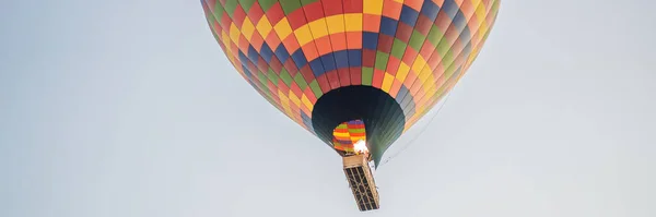 Mooie Heteluchtballonnen Boven Blauwe Lucht Banner Lang Verhaal — Stockfoto