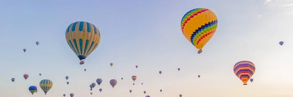 Banner Long Format Colorful Hot Air Balloons Flying Fairy Chimneys — Stock Photo, Image