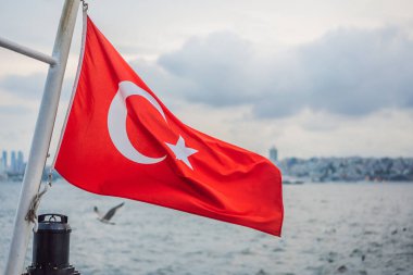 Türk bayrağı rüzgârda dalgalanırken denizin arka planında ve sahilde.
