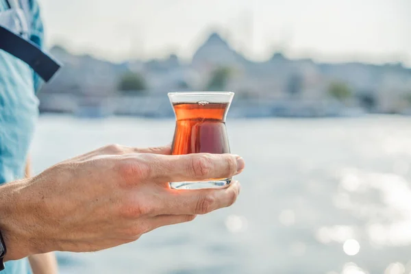 Man Istanbul Having Breakfast Simit Glass Turkish Tea Glass Turkish — Stock Photo, Image