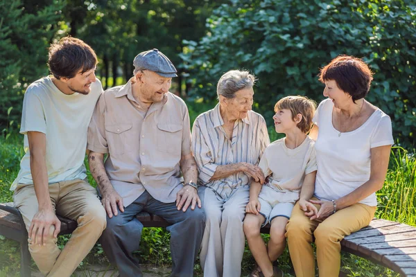 4世代の家族が公園で一緒に時間を過ごす お年寄りのカップル 真の感情と手と結合を保持するシニア夫と妻 — ストック写真