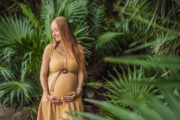 Gravid Kvinna Går Parken Kvällen Familjen Njuta Graviditeten Begreppet Mors — Stockfoto