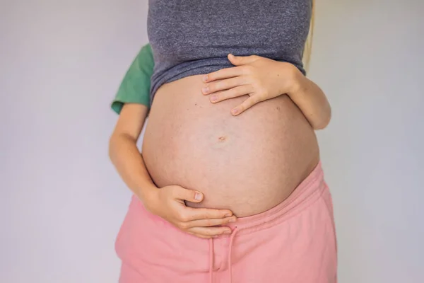 Young Beautiful Pregnant Woman Elder Son Cute Boy Put His — Stock Photo, Image