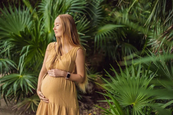 Gravid Kvinna Går Parken Kvällen Familjen Njuta Graviditeten Begreppet Mors — Stockfoto
