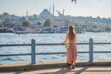 Pembe elbiseli genç bayan gezgin İstanbul 'da İstanbul Boğazı manzarası ve bir sürü martı seyrediyor..