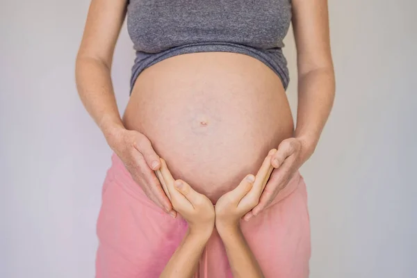 Young Beautiful Pregnant Woman Eldest Son Cute Boy Put His — Stock Photo, Image