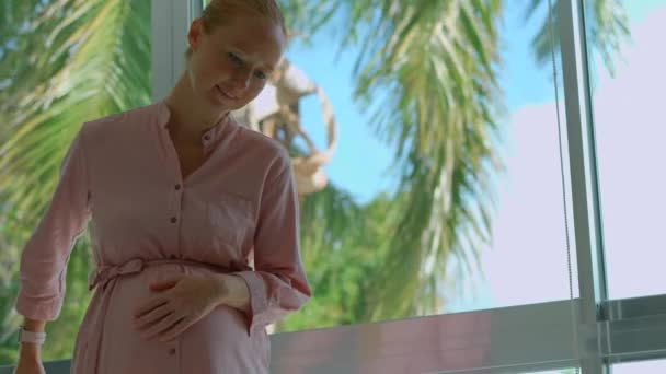Video Archivo Muestra Una Mujer Embarazada Con Vestido Rosa Mientras — Vídeo de stock