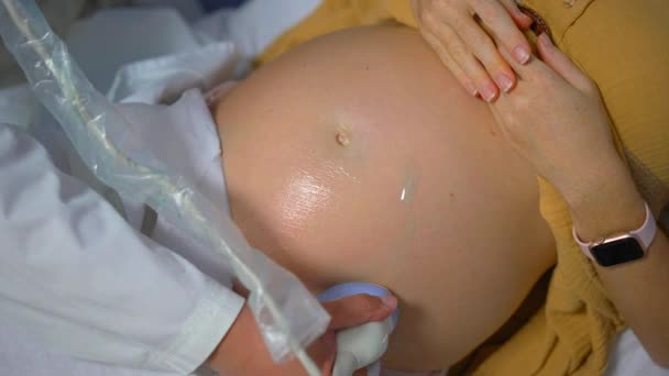 Μια Νεαρή Έγκυος Επισκέπτεται Γιατρό Για Υπέρηχο Γιατρός Χρησιμοποιεί Ένα — Αρχείο Βίντεο