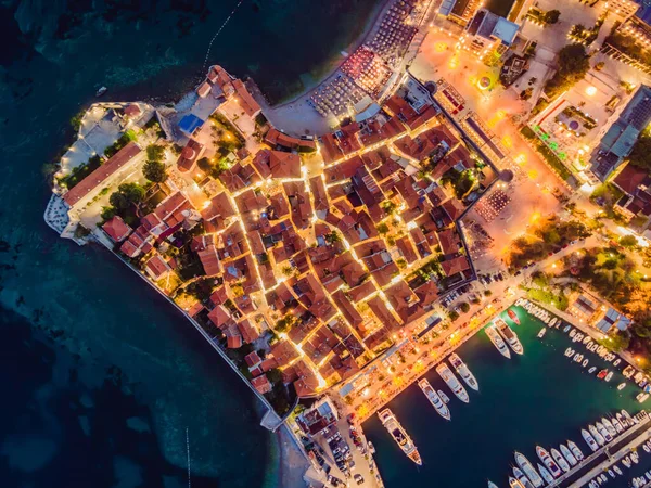 Budva Luces Ciudad Montenegro Visto Desde Arriba Vista Nocturna Drone — Foto de Stock