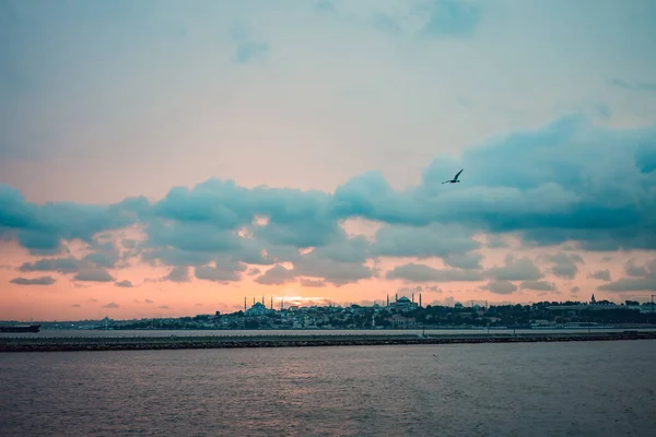 Стамбул Закате Турция Летом Золотой Рог Отплывает Туристическая Лодка Панорамный — стоковое фото