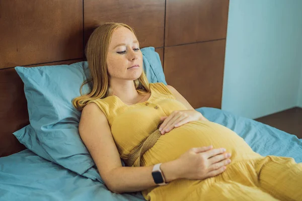 Stressed Tired Pregnant Mother Lying Bed Home Morning Sickness Nausea — Stock Photo, Image