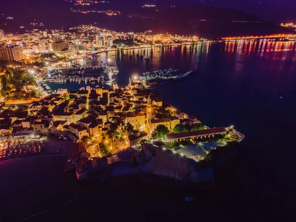 Budva Światła Miasta Czarnogóry Widziane Góry Widok Nocy Drone Stare — Zdjęcie stockowe