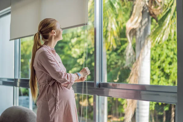 Portrait Young Pregnant Woman Standing Window Holding Hands Her Belly — Stock Photo, Image