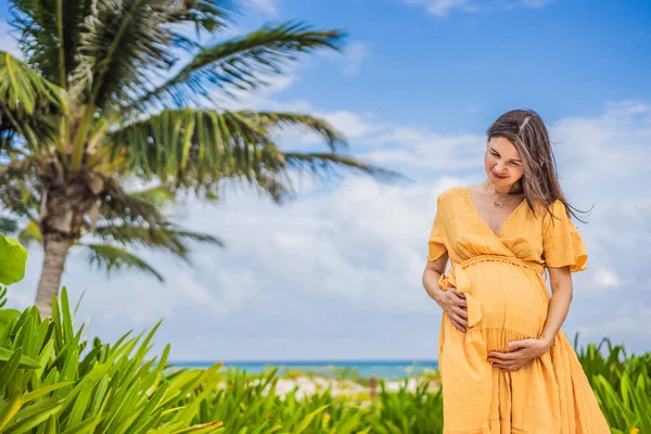 トロピカルビーチで日没の暖かさに浸った40歳の放射性妊婦は 妊娠の旅の穏やかさと至福を大切にしています — ストック写真