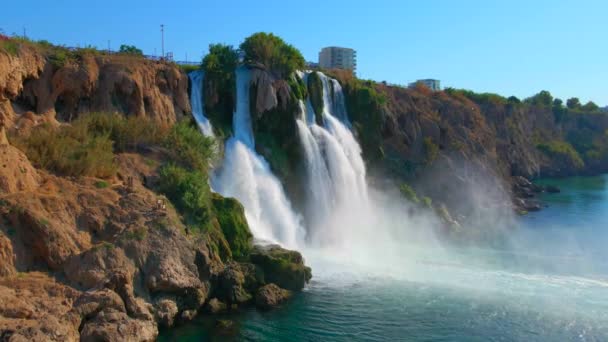 Vídeo Aéreo Câmara Lenta Cachoeira Lower Duden Cidade Antalya Drone — Vídeo de Stock
