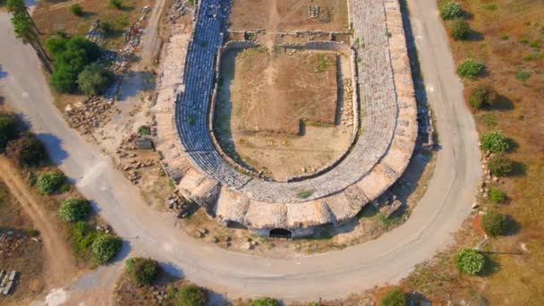 Aerial Video Drone Flies Hippodrome Ruins Ancient City Perge Located — Stock Video