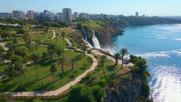 Langsom Antenne Video Den Nedre Duden Waterfall Byen Antalya Dronen – Stock-video